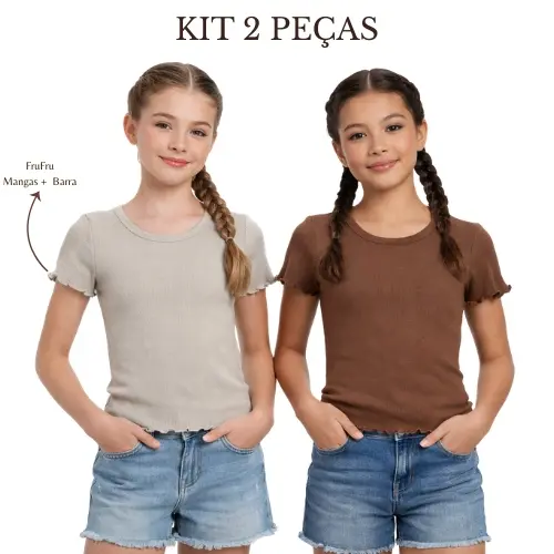 Kit 2 Peças Baby Look Juvenil Feminina Blusa Manga Curta Canelada FruFru Menina Verão