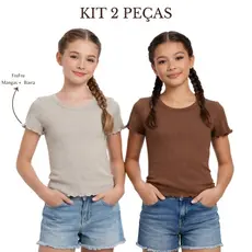 Kit 2 Peças Baby Look Juvenil Camiseta Feminina Babado Fru-Fru Premium Confortável