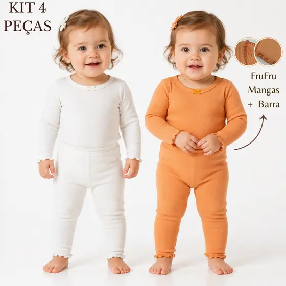 Kit 4 Peças 2 Conjuntos Body Bebê Menina Manga Longa Calça FruFru Laço Ribana Canelada Inverno