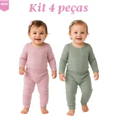 Kit 4 Peças - Body Manga Longa E Calça Punho Mijão Pagão Canelado Roupa Para Bebe Conforto Qualidade