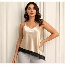 Regata Cetim Assimétrica com Renda Feminina Alça Regulável Elegante Festa Casual Chique e Perfeita M/G/GG