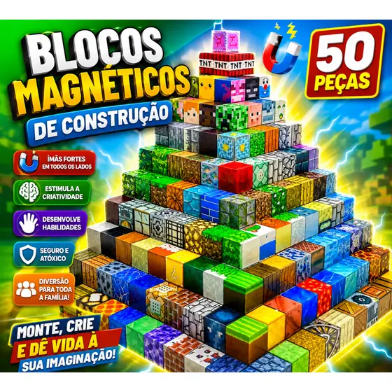 Blocos Magnéticos De Construção Infantil Kit 50 Peças Educativo Com Ímãs Brinquedo Criativo 3 Anos+