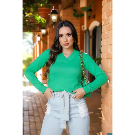 Blusa de Frio Feminina Básica Tricot Premium Decote V Suéter  Manga Longa Elastano Moda Inverno