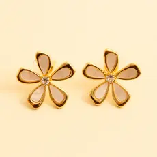 Brinco De Flor Pétalas De Madrepérola Borda Dourada