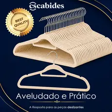 Cabides Reforçados de Veludo Slim Adulto Antideslizante Ultrafino Beje Com 50un Economia De Espaço CSCABIDES