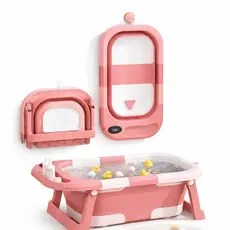 Banheira Bebê Dobrável ROSA Portátil com Termômetro Segurança Banho Infantil Compacta