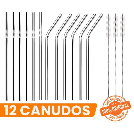 Combo 12 Canudos Inox Curvos com Escova Ecológico Reutilizáveis Laváveis