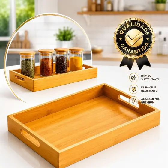 Bandeja Retangular De Bambu 35x24Cm Alça Arco Para Servir