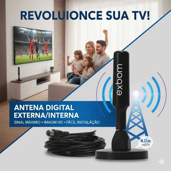 Antena Digital Interna e Externa, Sinal TV, HDTV, 4K, FM, UHF, Base Imã, Prova d'água