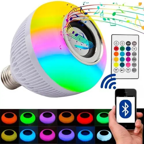Lâmpada Bluetooth Led com Caixa de Som Musical 12W RGB Luzes Coloridas com Controle Remoto