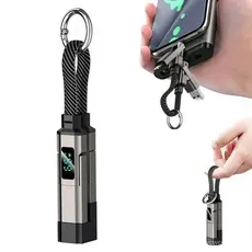 Cabo Carregador Portátil 4 em 1 com Display Digital e Chaveiro - Cordão Curto Trançado USB C para Carregamento Rápido de