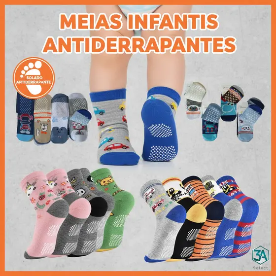 Kit 3 a 24 Pares Meias Infantil Menino Bebê Criança Estampada Antiderrapante