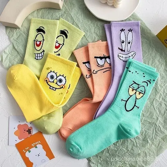 5 Pares de Meias Unissex Meias Bob Esponja Meias para Casal