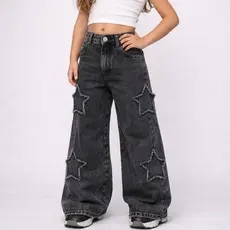 Calça Jeans Juvenil Menina Wide Leg Destroyed Estrela Lateral de Primavera Cinza Marmorizado