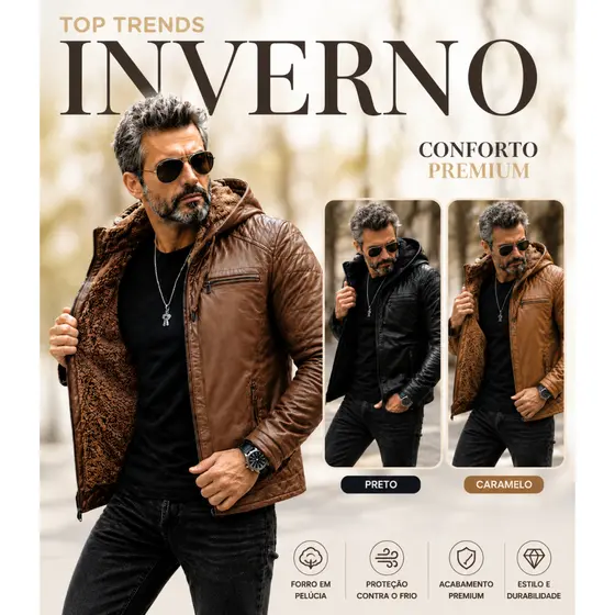 Jaqueta Couro Masculina Forrada Inverno Casaco Capuz Gola Outono Motoqueiro Casual Premium Ecologico