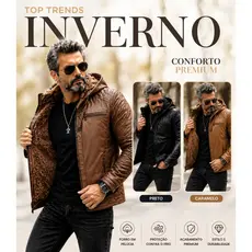 Jaqueta Couro Masculina Forrada Inverno Casaco Capuz Gola Outono Motoqueiro Casual Premium Ecologico