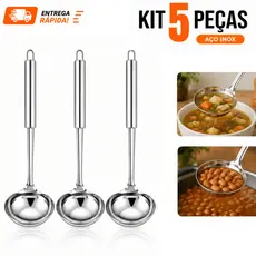 KIT 5/4 ou 1 Concha de Feijão 100% Aço Inox GRANDE Resistente p/ Molho Feijão Sopa Casa Restaurante Buffet 33CM PREMIUM
