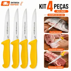 4 Unidades Facas para Desossar Profissional Nº6 Premium Lâmina em Aço Inox e Cabo Ergonômico Amarela Branca Vermelha