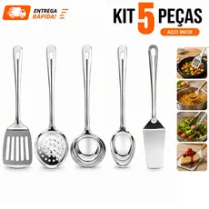 Kit 2/5/6/7 Utensilios para Cozinha INOX Espatula Escumadeira Colher de Arroz Concha Louça Comida Casa
