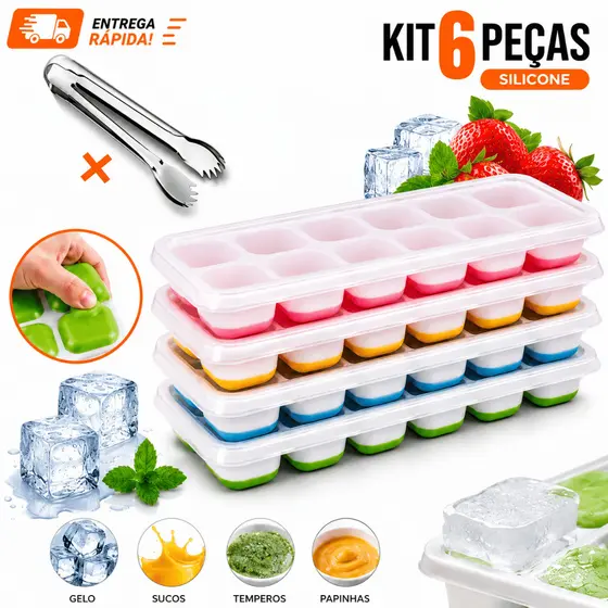 Kit  Formas De Gelo Silicone Com Tampa Rígida Flexível Fundo 14 Cubos Retangular Multiuso Lavável - Escolha A Cor