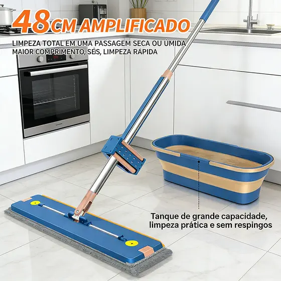 kit esfregão plano de 130 cm e balde dobrável - limpe completamente de uma só vez, sem sujar as mãos