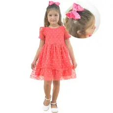 Vestido Infantil Tule Poá Luxuoso + Laço Cabelo - Várias Cores
