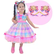 Vestido Festa Junina São Joao Quadrilha + 2 Laços de Cabelo Luxo