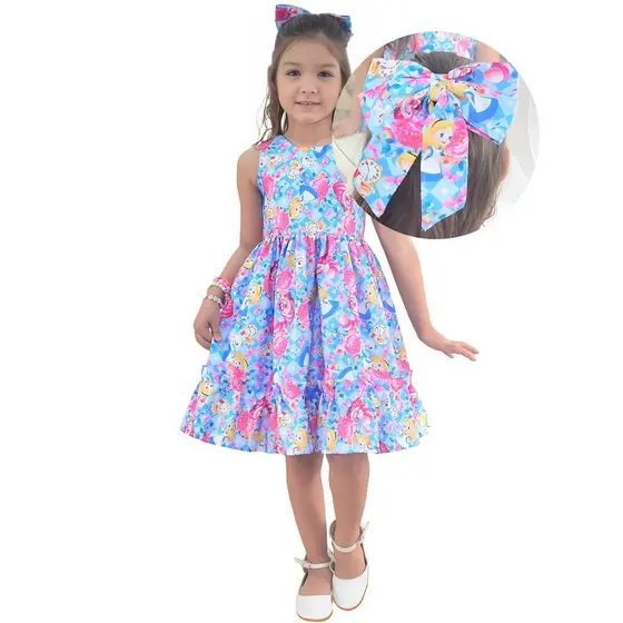 Vestido Alice no País das Maravilhas Fashionista + Laço Cabelo Luxo