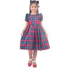 Vestido Xadrez Infantil Natal Vermelho Verde Estilo Clássico com Laço Elegante