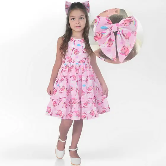 Vestido Infantil Capivara Charmosa Rosa + Laço Cabelo Luxo