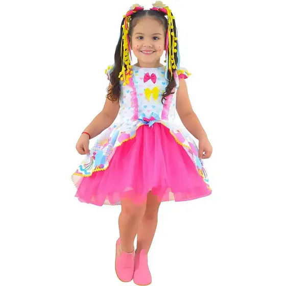 Vestido infantil Festa Junina São Joao Quadrilha Tule Rosa
