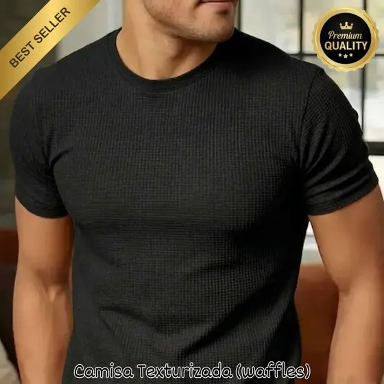 Camiseta Preta Texturizada Waffle Masculina Dia dos Pais Básica Confortável