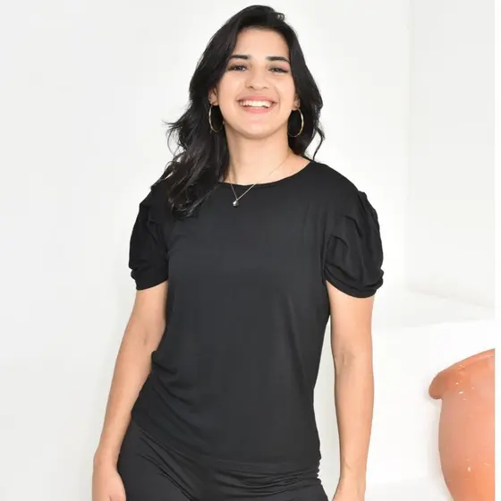 BLUSA FEMININA MANGA PRINCESA BUFANTE GOLA REDONDA