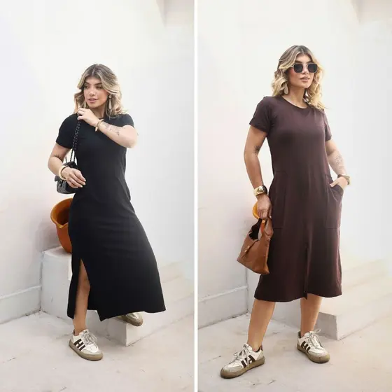 Kit 2 Vestidos Feminino Midi Moletinho Confortável Com Fendas Diferentes