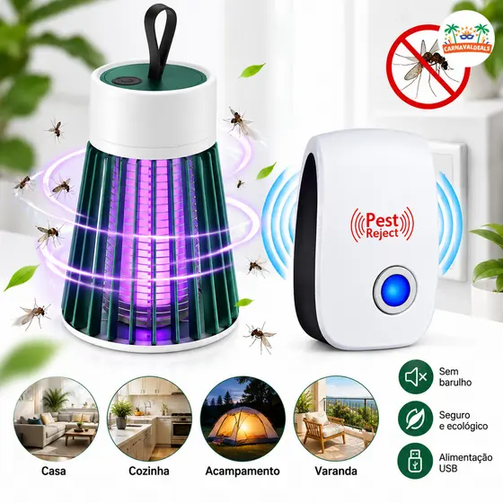 Kit Anti Mosquito Com Lâmpada LED UV USB E Repelente Ultrassônico 20-30m² Bivolt Para Quarto E Cozinha