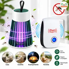 Kit Anti Mosquito Com Lâmpada LED UV USB E Repelente Ultrassônico 20-30m² Bivolt Para Quarto E Cozinha