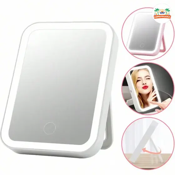 Espelho de Bancada LED com 3 Níveis de Luz, Controle Touch e Design Recarregável (USB/Wireless)