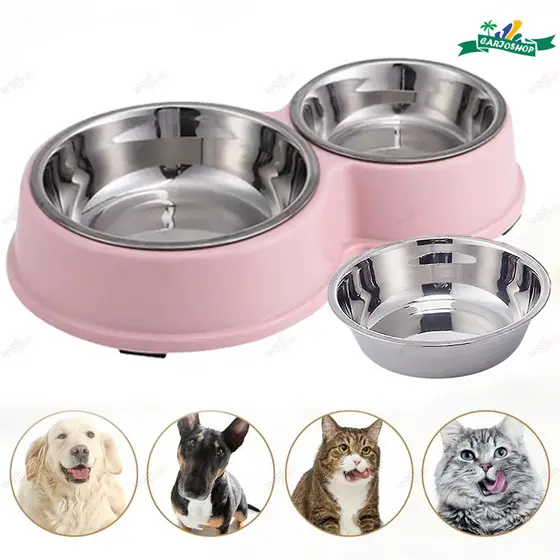 Kit Comedouro e Bebedouro Duplo Inox com Superfície Antiderrapante para Gatos e Cachorros