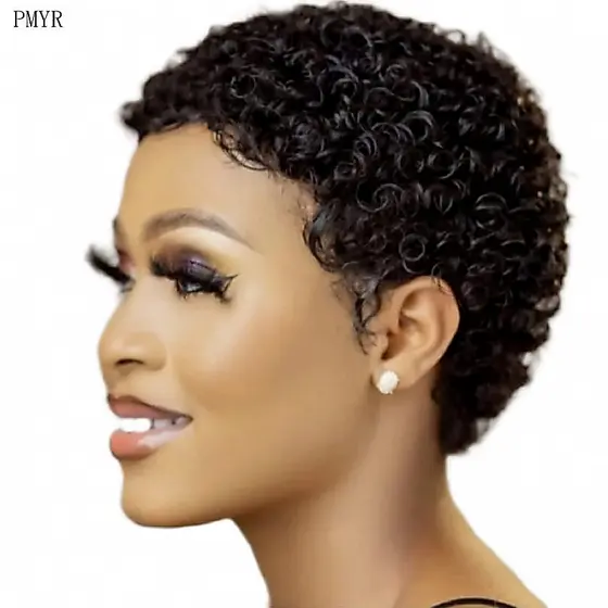 Perucas Curtas Cacheadas Pixie de Cabelo Humano Natural Cor Preta 1E2F