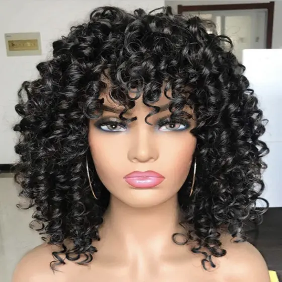 Peruca Africana Curta e Cacheada Fashionável, Peruca de Cabelo Humano Cacheado Natural Orgânico KRPS