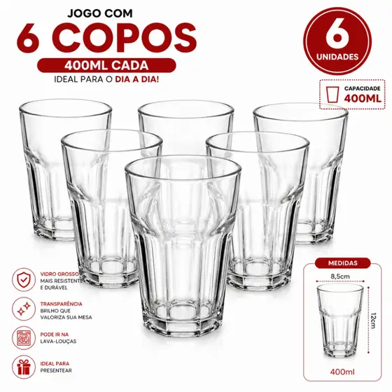 Copos de Vidro 400ml Kit até 12uni Super Resistente Copo Alto Premium Cozinha