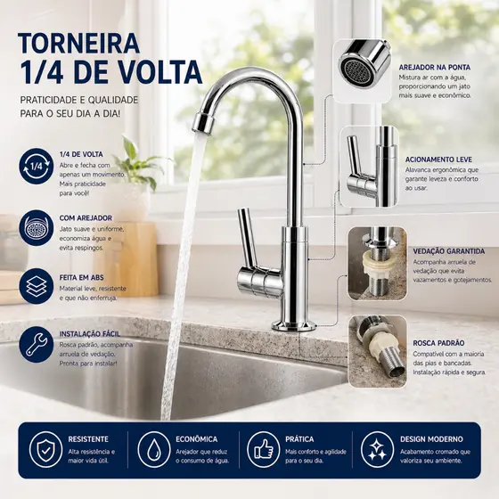 Torneira Banheiro Bancada ABS 1/4 Volta Com Arejador Econômica Fácil Instalação Moderna