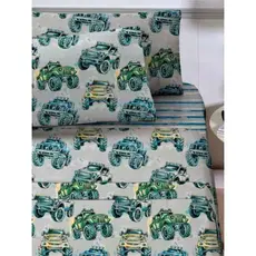 Jogo Lençol Solteiro Infantil 3 Peças 180 Fios Estampado Carros Jipe Menino decorativo tematico