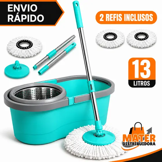 Mop Giratório 360º Desaguador Centrifuga 13 Litros Cesto e Cabo Inox e Rodinhas Esfregão Multiuso