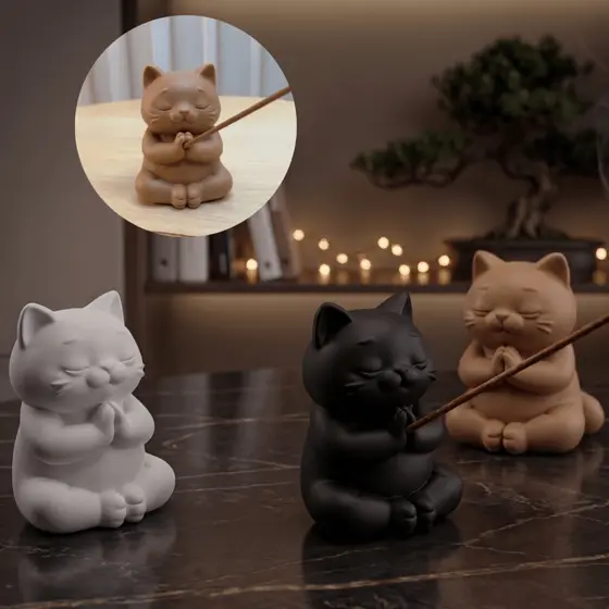 Incensário Gato Meditando Decorativo Porta Incenso - Toque Zen e Fofura para seu Lar