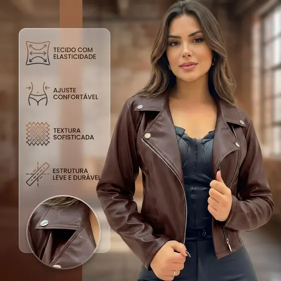 Jaqueta De Couro Feminina Com Ziper Inverno Elegante