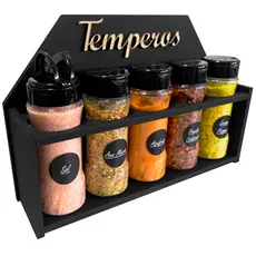 Porta Tempero Parede Bancada com 5 Potes 130ml Tampa Dupla + Etiquetas