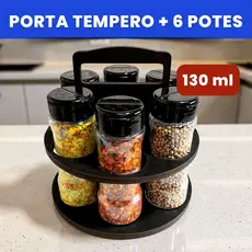 Suporte de Tempero Redondo com 6 Potes 130ml Tampa Dupla + Etiquetas
