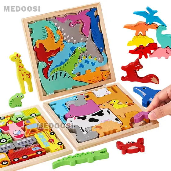 Quebra-Cabeça 3D Encaixe Divertido | MDF Animais/Dinos Formas | Sensorial Pedagógico | Montessori para Bebê e Crianças