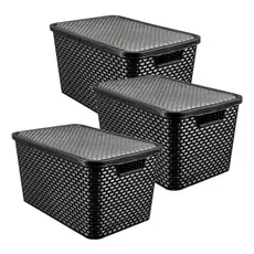 Kit 3 Caixas Organizadora Rattan 7 Litros Com Tampa Preta